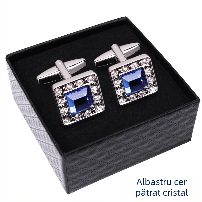 Butoni pentru mâneci franțuzești, geometrice, în cutie cadou, din aliaj placat, cristal alb