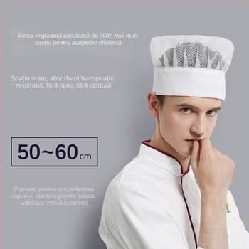 Pălărie de bucătar unisex pentru catering hotelier, din bumbac, țesătură plată, model monocrom, broderie