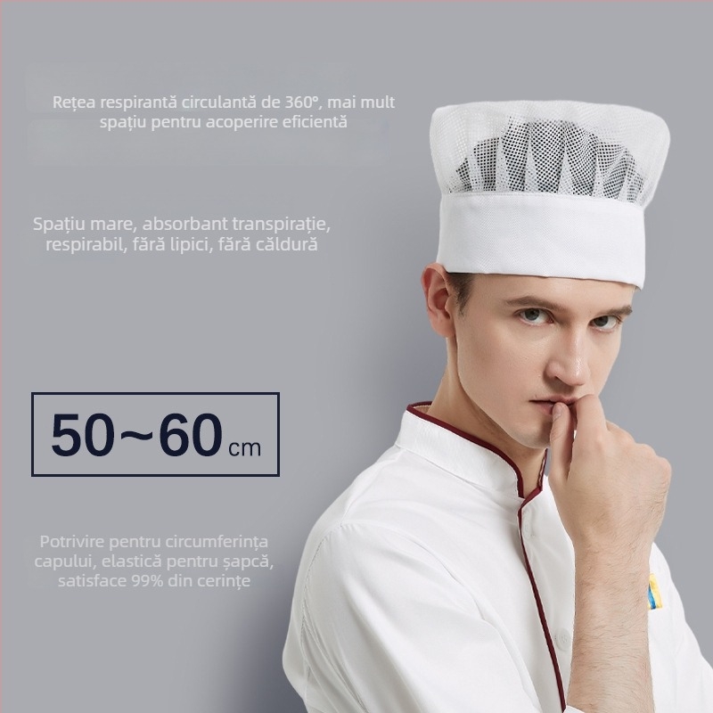 Pălărie de bucătar unisex pentru catering hotelier, din bumbac, țesătură plată, model monocrom, broderie