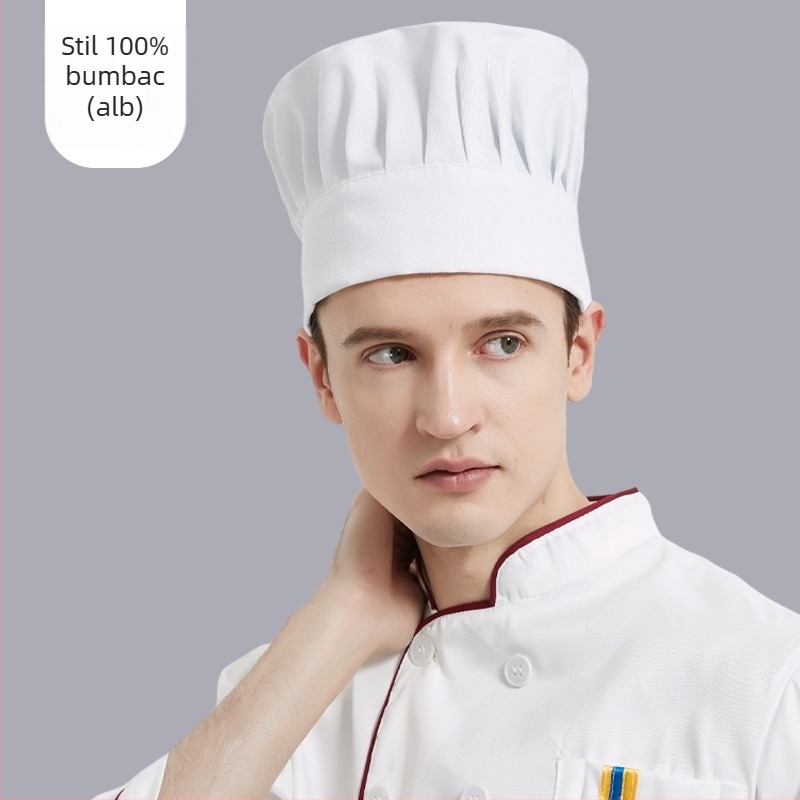 Pălărie de bucătar unisex pentru catering hotelier, din bumbac, țesătură plată, model monocrom, broderie