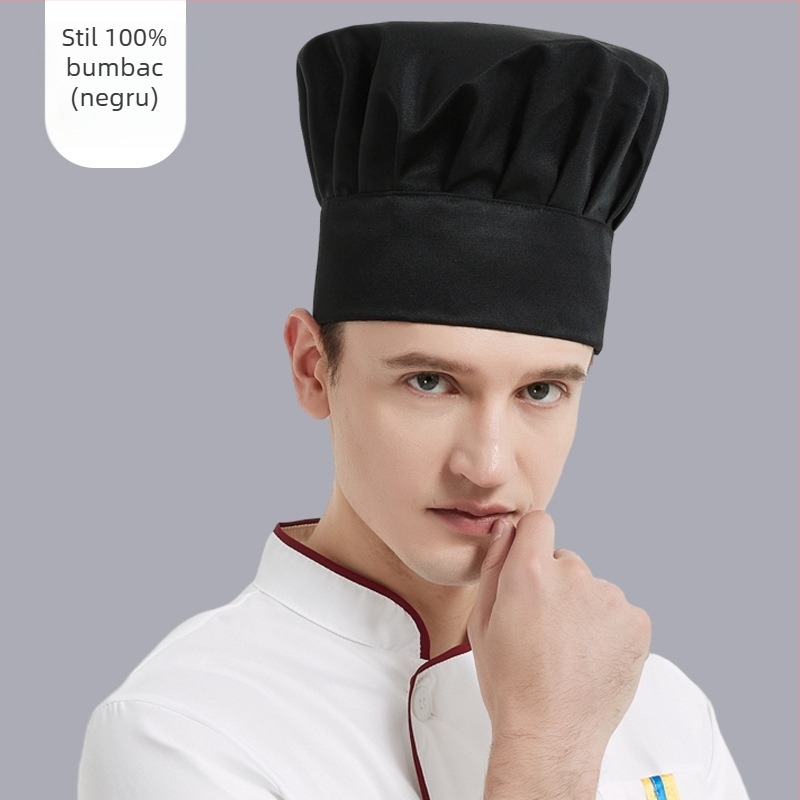 Pălărie de bucătar unisex pentru catering hotelier, din bumbac, țesătură plată, model monocrom, broderie