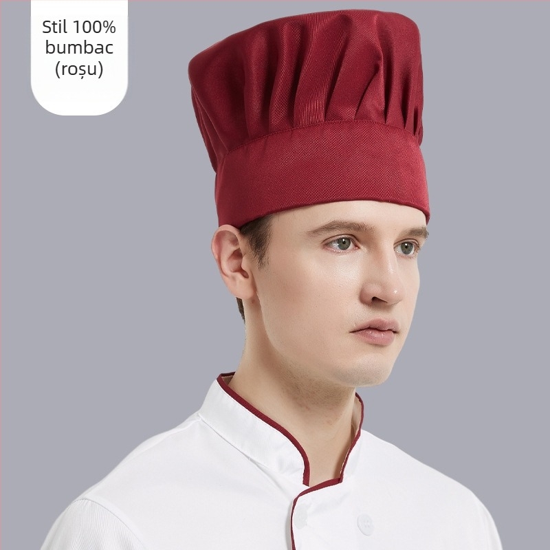 Pălărie de bucătar unisex pentru catering hotelier, din bumbac, țesătură plată, model monocrom, broderie