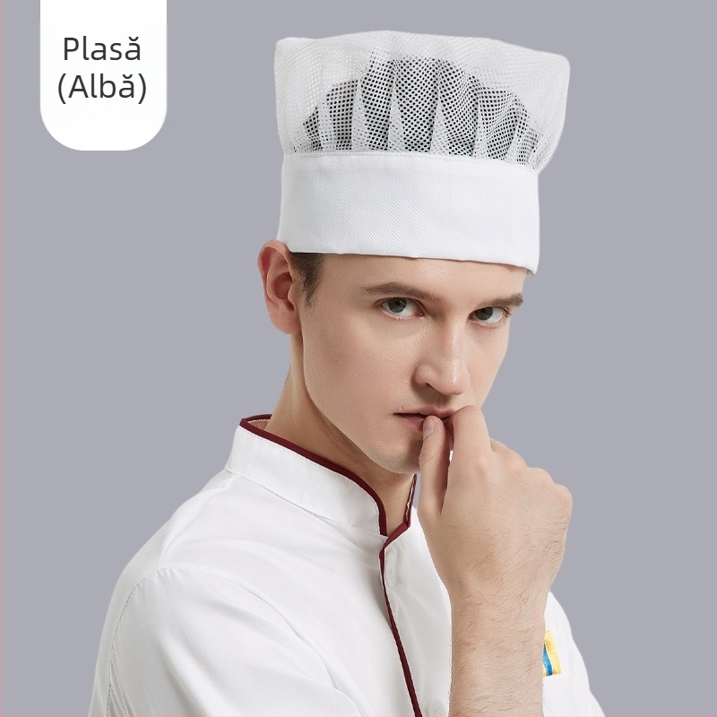 Pălărie de bucătar unisex pentru catering hotelier, din bumbac, țesătură plată, model monocrom, broderie