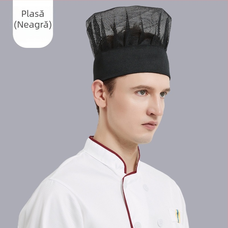 Pălărie de bucătar unisex pentru catering hotelier, din bumbac, țesătură plată, model monocrom, broderie