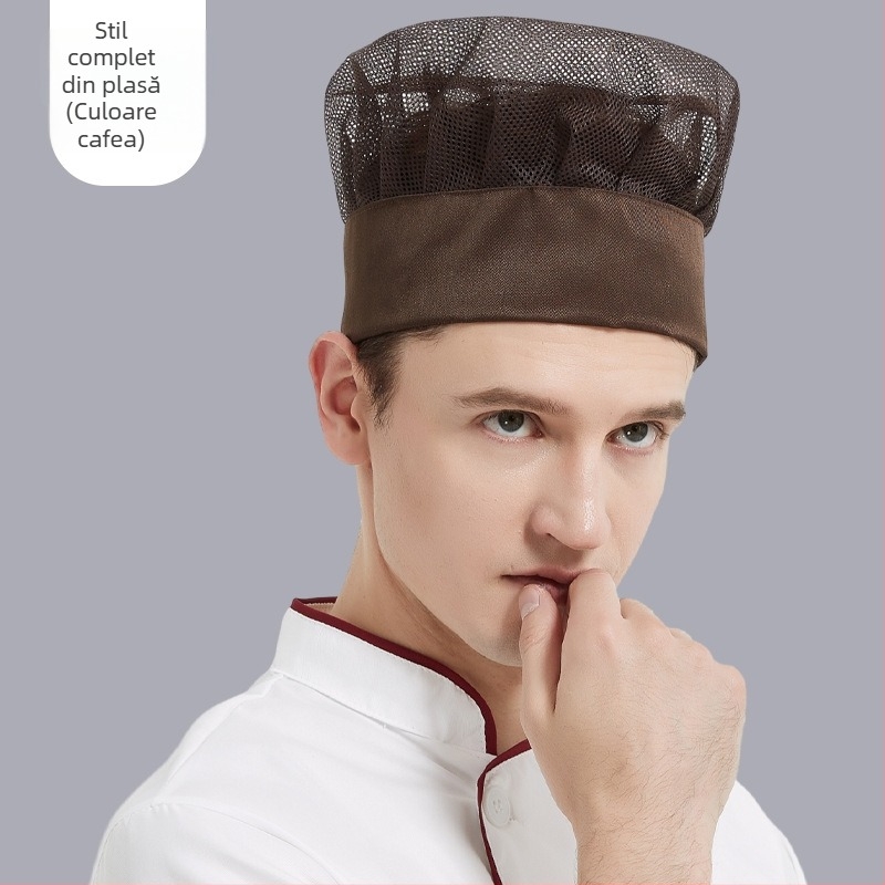 Pălărie de bucătar unisex pentru catering hotelier, din bumbac, țesătură plată, model monocrom, broderie