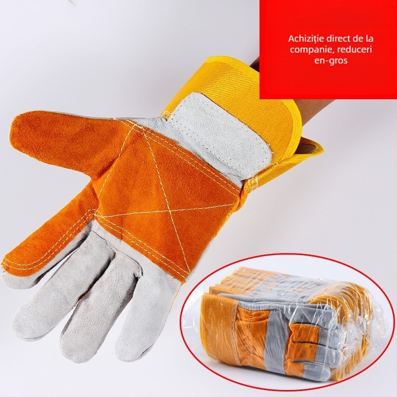 Mănuși de sudură scurte, din piele de vită integrală, cu două straturi, termoizolate, rezistente la temperaturi înalte