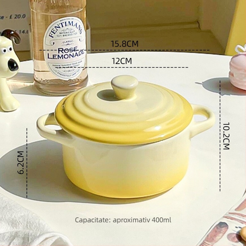 Vas ceramic cu capac și două mâneri, compatibil cu cuptorul cu microunde, rotund, pentru gătit la abur ouă și gătit în baie de apă