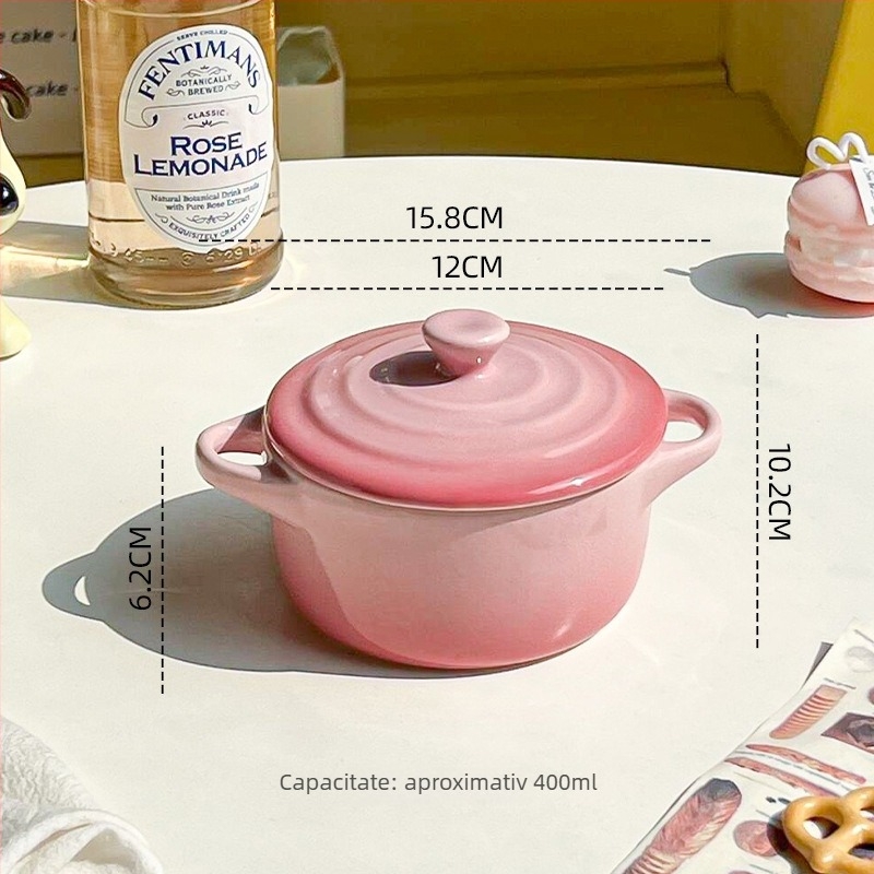 Vas ceramic cu capac și două mâneri, compatibil cu cuptorul cu microunde, rotund, pentru gătit la abur ouă și gătit în baie de apă