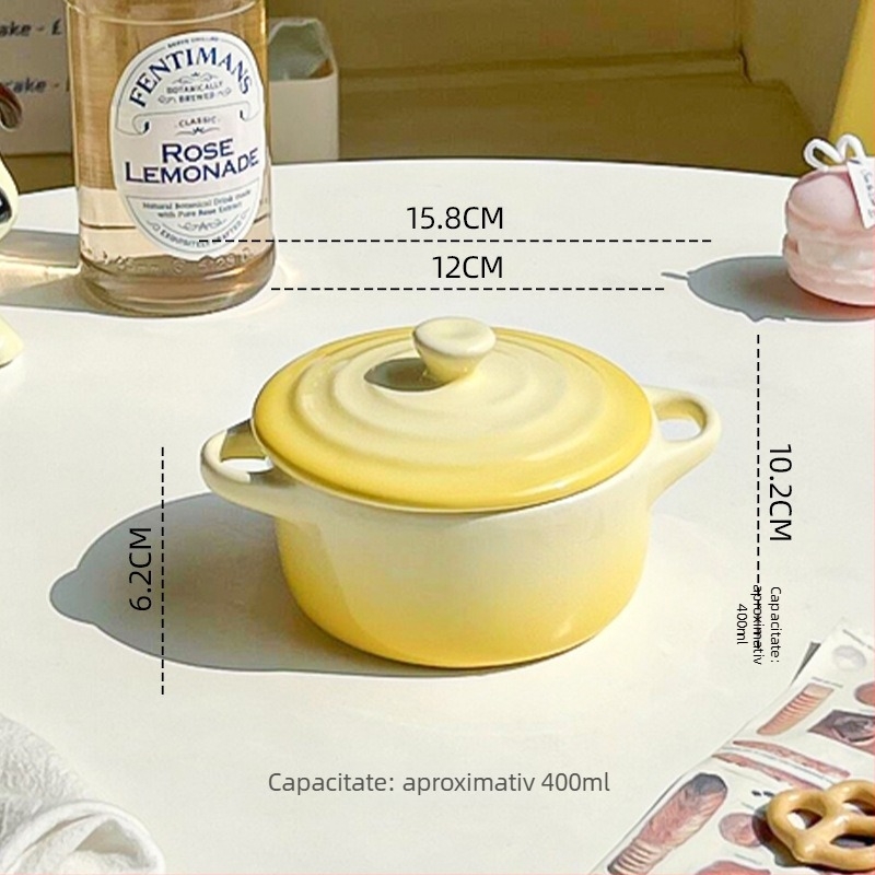 Vas ceramic cu capac și două mâneri, compatibil cu cuptorul cu microunde, rotund, pentru gătit la abur ouă și gătit în baie de apă