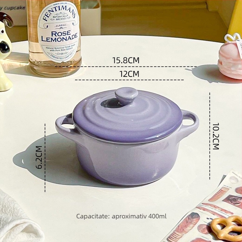 Vas ceramic cu capac și două mâneri, compatibil cu cuptorul cu microunde, rotund, pentru gătit la abur ouă și gătit în baie de apă