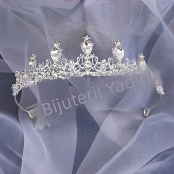 Tiara de mireasă pentru cap cu cristale albe de zircon, bază din aliaj, placare electroplată