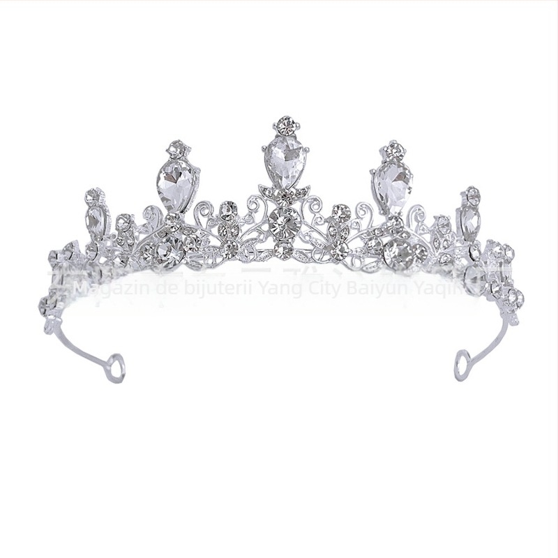 Tiara de mireasă pentru cap cu cristale albe de zircon, bază din aliaj, placare electroplată