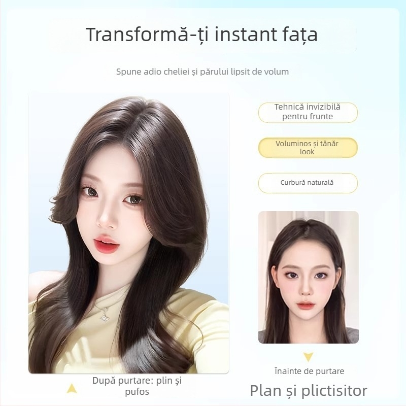 Topper de păr dintr-un singur segment pentru femei, acoperire în vârful capului pentru păr rar, aspect pufos și realist, fără cusături, fibre rezistente la temperatură, semi-mână, breton: drept sau înclinat, potrivit pentru toate fețele