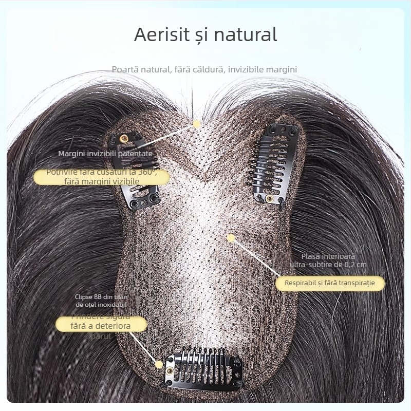 Topper de păr dintr-un singur segment pentru femei, acoperire în vârful capului pentru păr rar, aspect pufos și realist, fără cusături, fibre rezistente la temperatură, semi-mână, breton: drept sau înclinat, potrivit pentru toate fețele