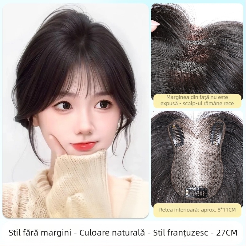 Topper de păr dintr-un singur segment pentru femei, acoperire în vârful capului pentru păr rar, aspect pufos și realist, fără cusături, fibre rezistente la temperatură, semi-mână, breton: drept sau înclinat, potrivit pentru toate fețele