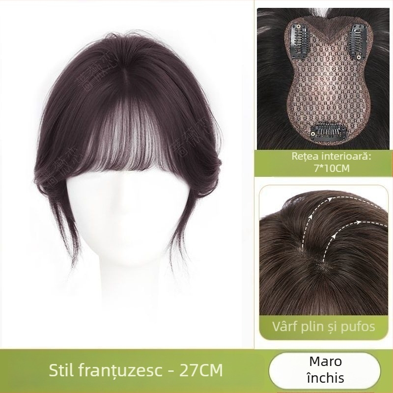 Topper de păr dintr-un singur segment pentru femei, acoperire în vârful capului pentru păr rar, aspect pufos și realist, fără cusături, fibre rezistente la temperatură, semi-mână, breton: drept sau înclinat, potrivit pentru toate fețele