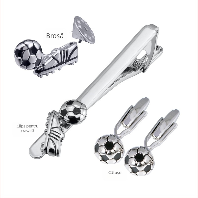 Set din alamă cu butoni de manșetă, clips de cravată și broșă – unisex, temă fotbal, finisaj electroplating, personalizabil