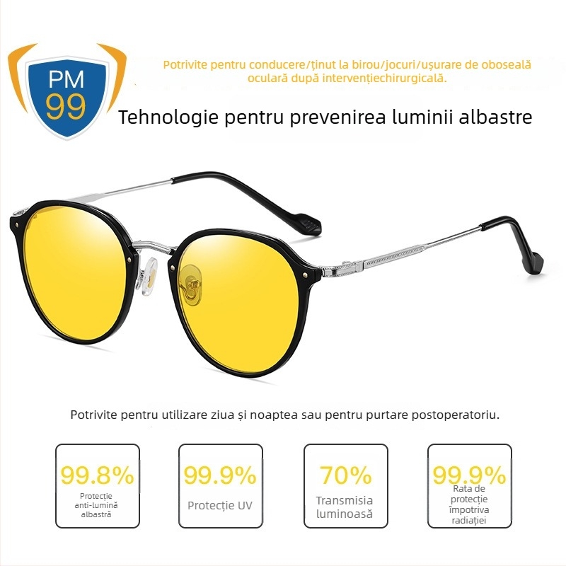 Ochelari TR90 anti-lumină albastră, ultraușori, ochelari de recuperare post-chirurgie, ramă din metal, lentile sintetice 1.8 mm, transmisie luminoasă 77%, model 2347