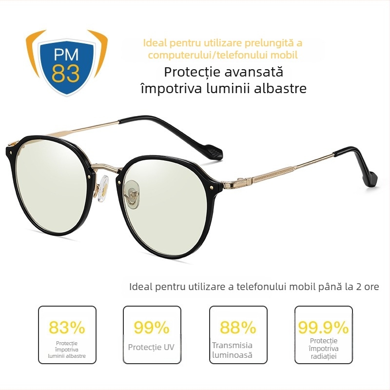 Ochelari TR90 anti-lumină albastră, ultraușori, ochelari de recuperare post-chirurgie, ramă din metal, lentile sintetice 1.8 mm, transmisie luminoasă 77%, model 2347