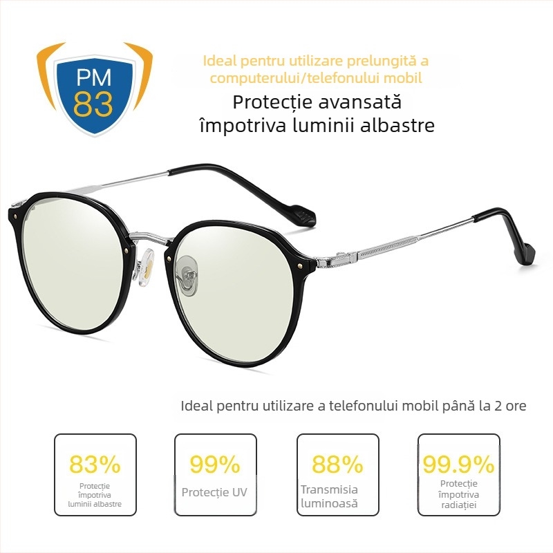 Ochelari TR90 anti-lumină albastră, ultraușori, ochelari de recuperare post-chirurgie, ramă din metal, lentile sintetice 1.8 mm, transmisie luminoasă 77%, model 2347