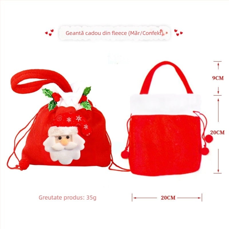 Accesorii costum Moș Crăciun: set barbă și perucă, clopoțel de mână, sacoșă în formă de măr pentru cadouri, sacoșă pentru bomboane