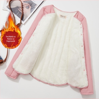 Palton scurt de damă din bumbac, căptușit cu fleece, umplutură asemănătoare mătăsii, țesătură Chenille, croială Slim, guler polo, mâneci lungi, toamnă 2024