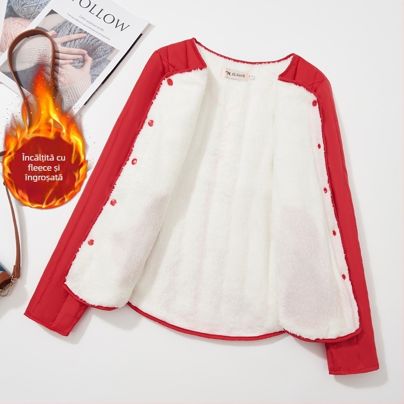 Palton scurt de damă din bumbac, căptușit cu fleece, umplutură asemănătoare mătăsii, țesătură Chenille, croială Slim, guler polo, mâneci lungi, toamnă 2024