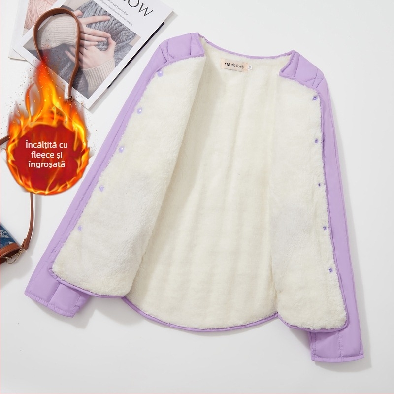 Palton scurt de damă din bumbac, căptușit cu fleece, umplutură asemănătoare mătăsii, țesătură Chenille, croială Slim, guler polo, mâneci lungi, toamnă 2024