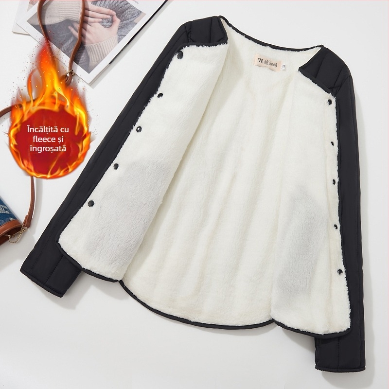 Palton scurt de damă din bumbac, căptușit cu fleece, umplutură asemănătoare mătăsii, țesătură Chenille, croială Slim, guler polo, mâneci lungi, toamnă 2024