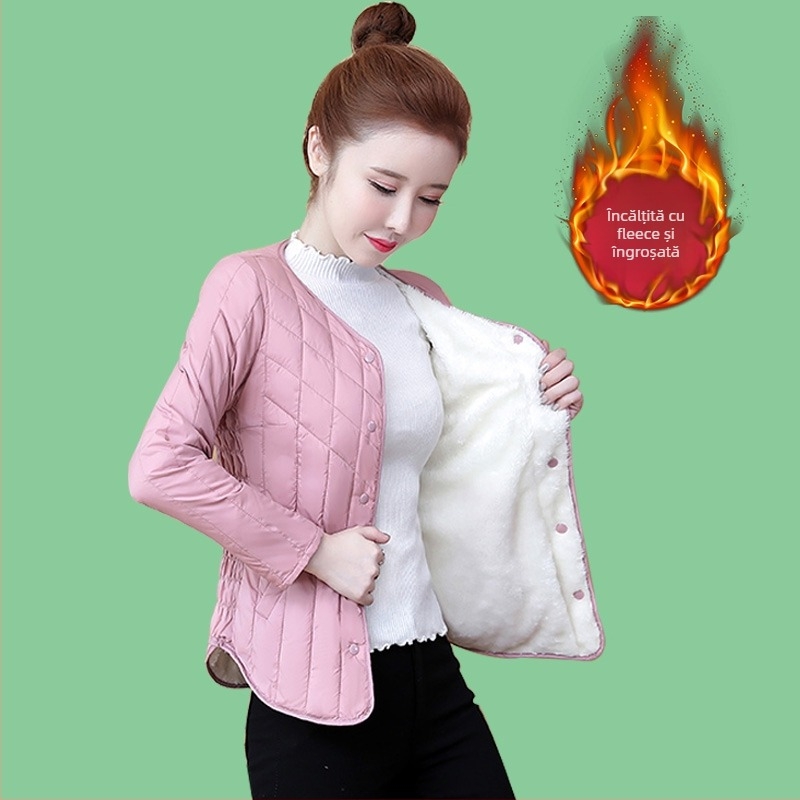 Palton scurt de damă din bumbac, căptușit cu fleece, umplutură asemănătoare mătăsii, țesătură Chenille, croială Slim, guler polo, mâneci lungi, toamnă 2024