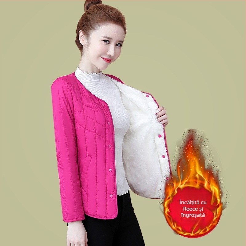 Palton scurt de damă din bumbac, căptușit cu fleece, umplutură asemănătoare mătăsii, țesătură Chenille, croială Slim, guler polo, mâneci lungi, toamnă 2024