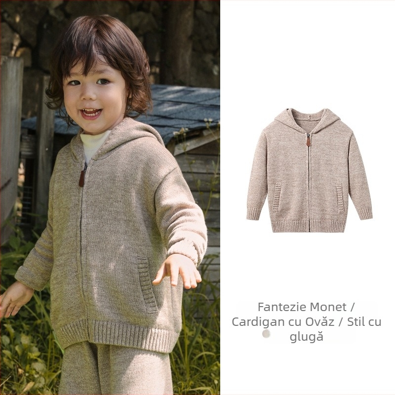 Hanorac tricotat pentru copii cu glugă și fermoar, blană de iepure, potrivit pentru nou-născuți 0–1 ani, toamnă