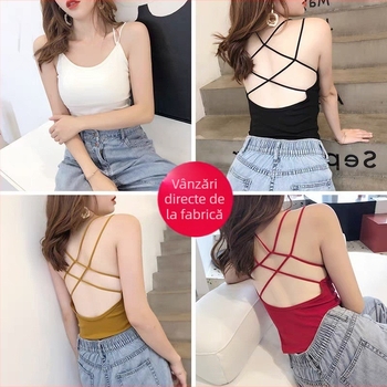 Top din bumbac pentru femei, cu tampoane pentru sân, bretele încrucișate, decolteu adânc, pentru toate anotimpurile, 90–95% bumbac, greutate 181–200 g/m²