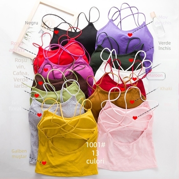 Top din bumbac pentru femei, cu tampoane pentru sân, bretele încrucișate, decolteu adânc, pentru toate anotimpurile, 90–95% bumbac, greutate 181–200 g/m²