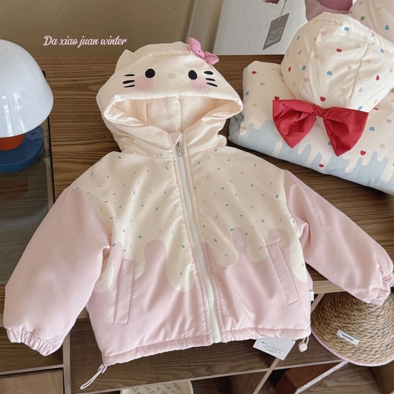 Geacă de iarnă pentru copii cu glugă, în stil coreean, imprimeu cu desene animate, exterior din poliester 100%, căptușeală din poliester