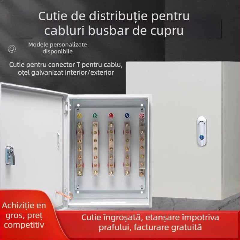Cutie izolată de ramificație pentru cabluri, cu bară de cupru, montaj pe perete, IP40, carcasă din oțel laminat la rece, personalizabil