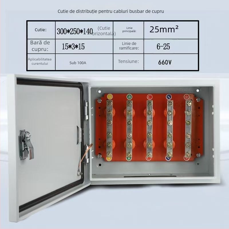 Cutie izolată de ramificație pentru cabluri, cu bară de cupru, montaj pe perete, IP40, carcasă din oțel laminat la rece, personalizabil