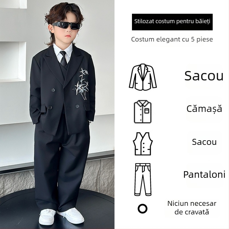 Set costum băiat stil chinezesc, sacou cu nasturi dubli din poliester, pentru recitaluri la pian, primăvară-toamnă, vârsta 3–8 ani