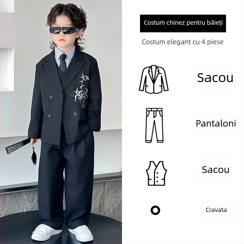 Set costum băiat stil chinezesc, sacou cu nasturi dubli din poliester, pentru recitaluri la pian, primăvară-toamnă, vârsta 3–8 ani