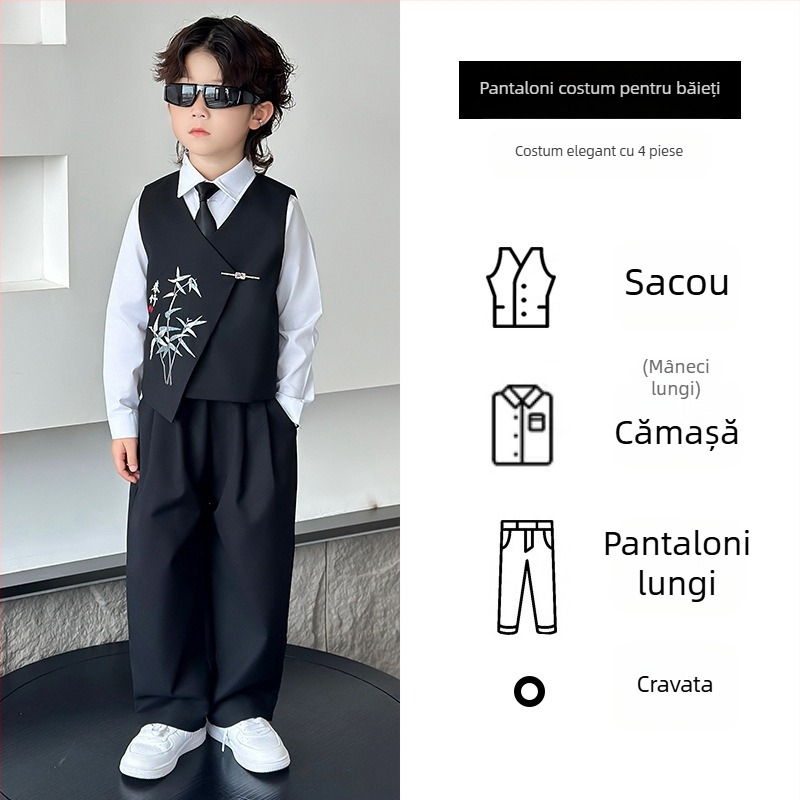Set costum băiat stil chinezesc, sacou cu nasturi dubli din poliester, pentru recitaluri la pian, primăvară-toamnă, vârsta 3–8 ani