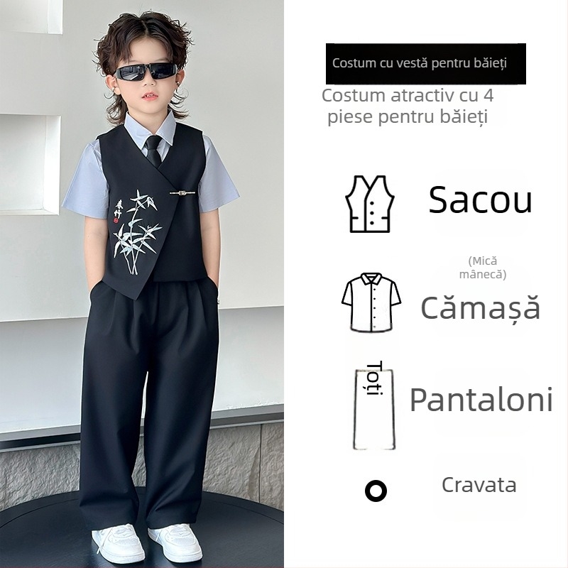 Set costum băiat stil chinezesc, sacou cu nasturi dubli din poliester, pentru recitaluri la pian, primăvară-toamnă, vârsta 3–8 ani