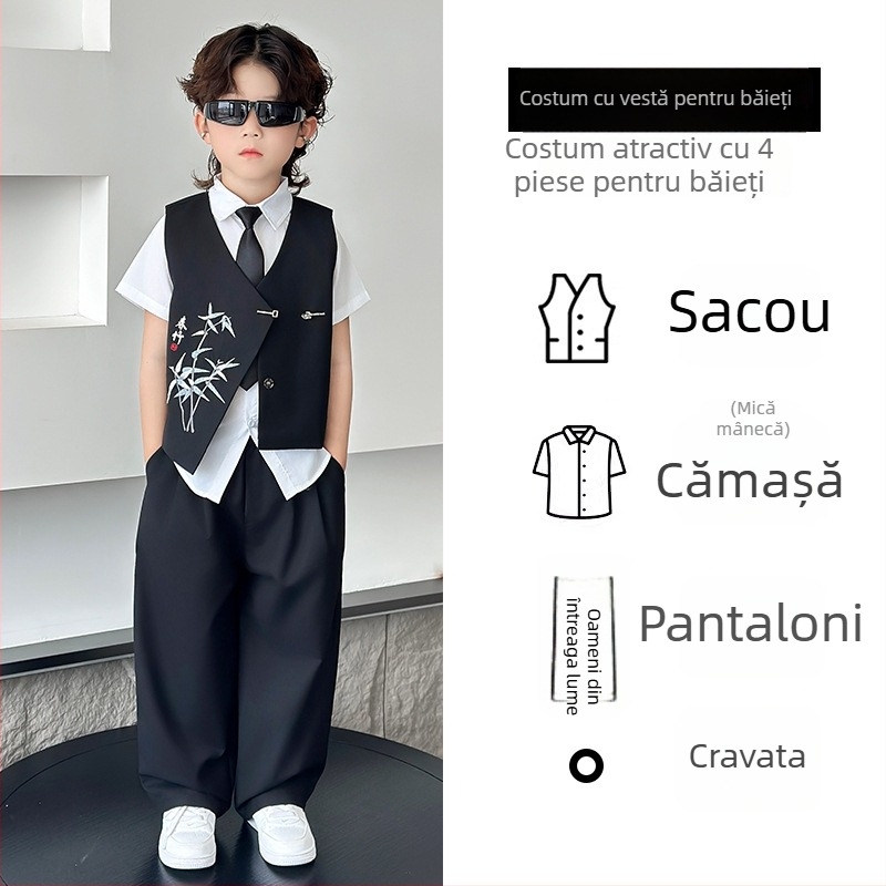 Set costum băiat stil chinezesc, sacou cu nasturi dubli din poliester, pentru recitaluri la pian, primăvară-toamnă, vârsta 3–8 ani