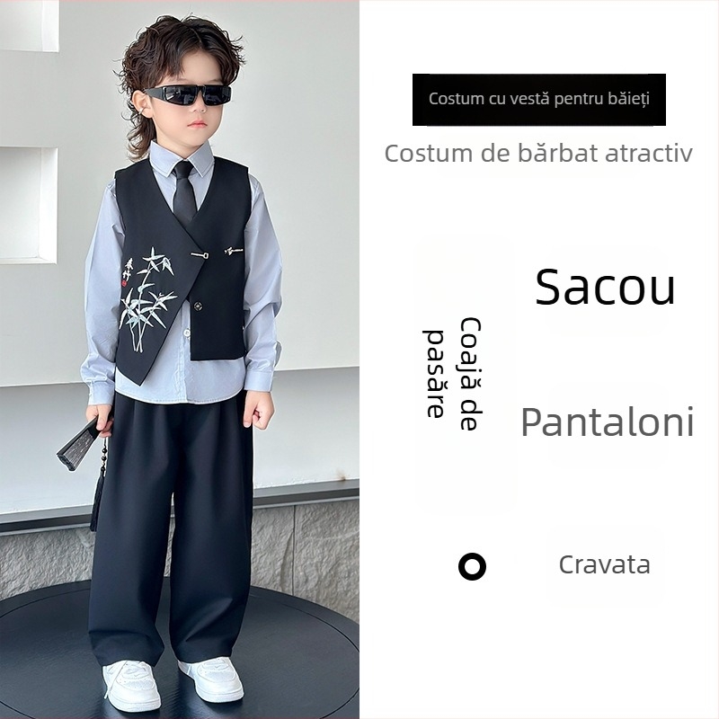 Set costum băiat stil chinezesc, sacou cu nasturi dubli din poliester, pentru recitaluri la pian, primăvară-toamnă, vârsta 3–8 ani