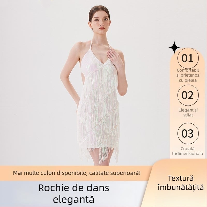 Set de dans latino pentru femei — ansamblu elegant cu fustă cu ciucuri și broderie; material poliester (>95%), triacetat (>95%), vară 2025