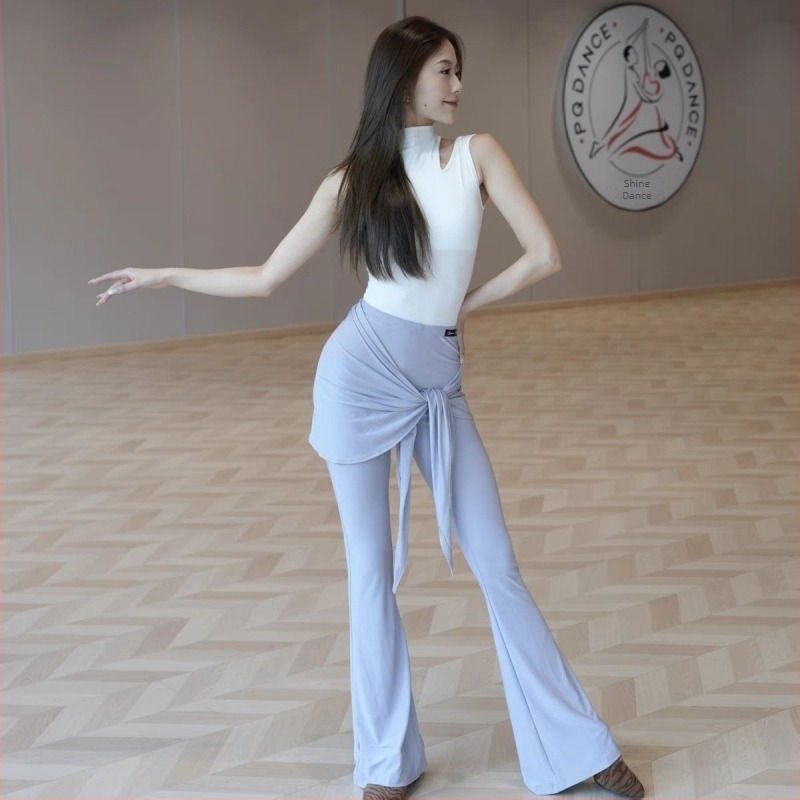 Set de dans modern; top fără mâneci și pantaloni evazați; țesătură corduroy cu conținut de in; căptușeală din spandex