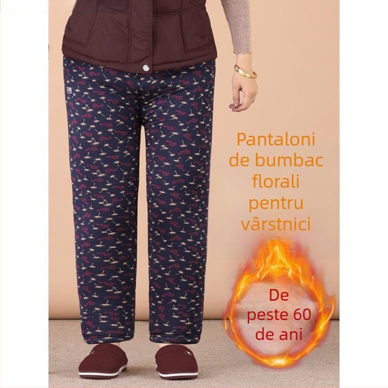 Pantaloni termici din bumbac Chenille pentru femei în vârstă, talie înaltă, croi Slim, toamnă-iarnă