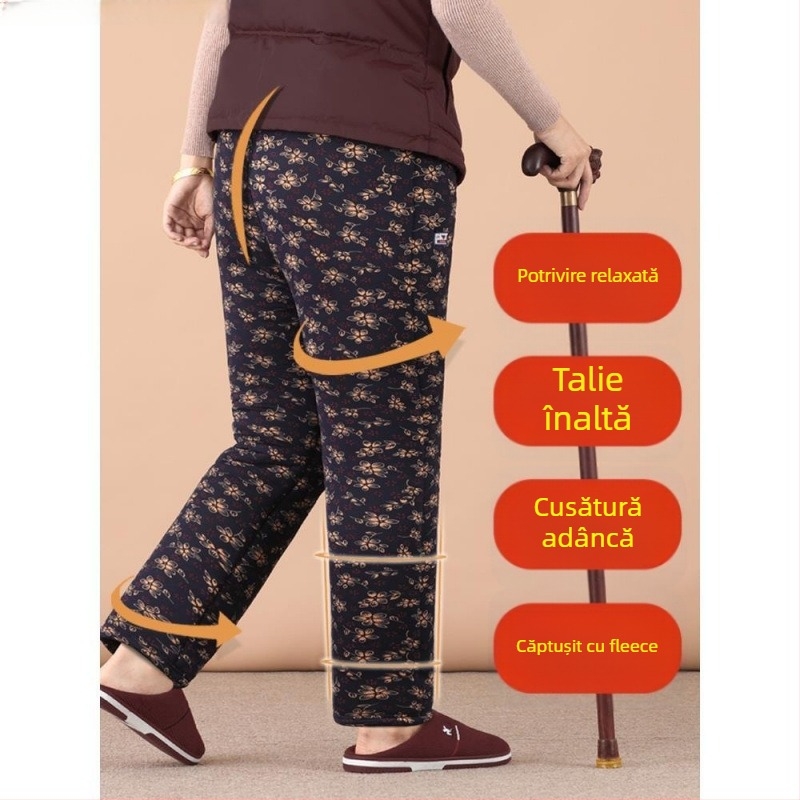 Pantaloni termici din bumbac Chenille pentru femei în vârstă, talie înaltă, croi Slim, toamnă-iarnă