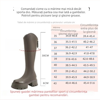 Ghete de fashion în stil coreean, până la genunchi, partea superioară din microfibră, toc gros 6–8 cm, închidere cu fermoar pe spate