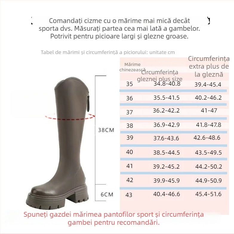 Ghete de fashion în stil coreean, până la genunchi, partea superioară din microfibră, toc gros 6–8 cm, închidere cu fermoar pe spate