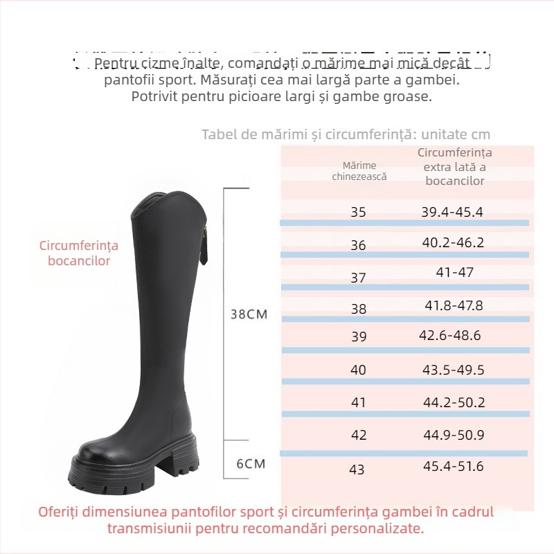 Ghete de fashion în stil coreean, până la genunchi, partea superioară din microfibră, toc gros 6–8 cm, închidere cu fermoar pe spate